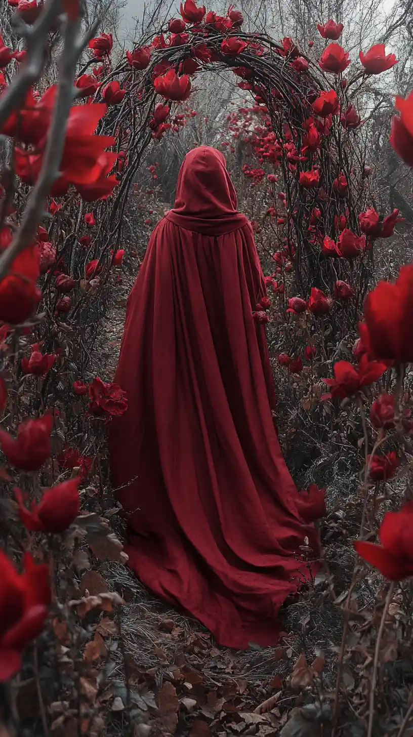 Young woman in crimson cloak walking through gothic forest
