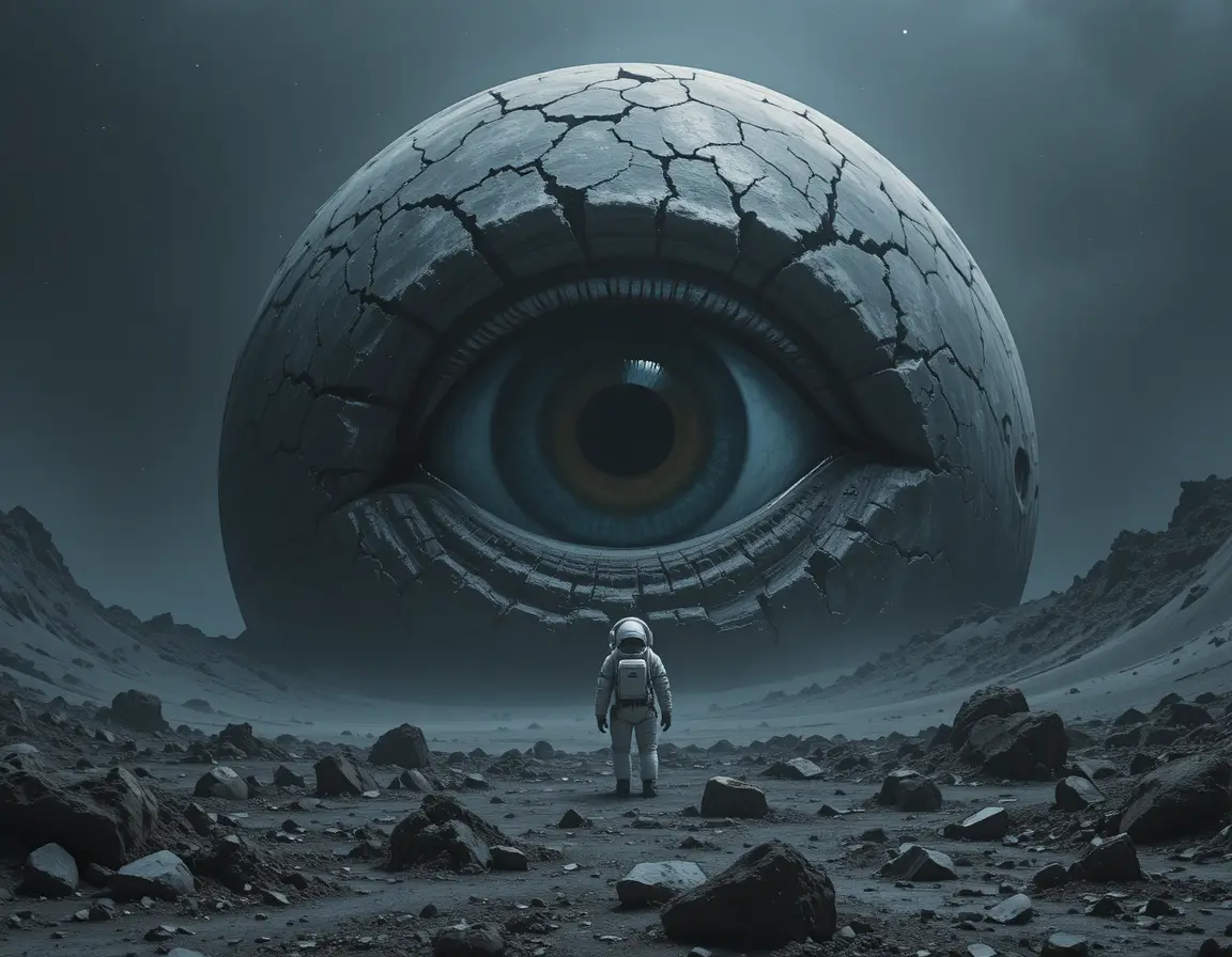 Astronaut Facing Gigantic Human Eye On Desolate Moon