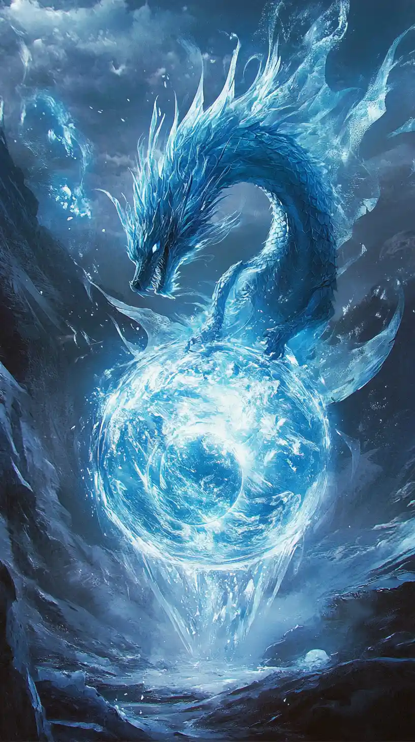 Ethereal dragon rising from a glowing crystal sphere