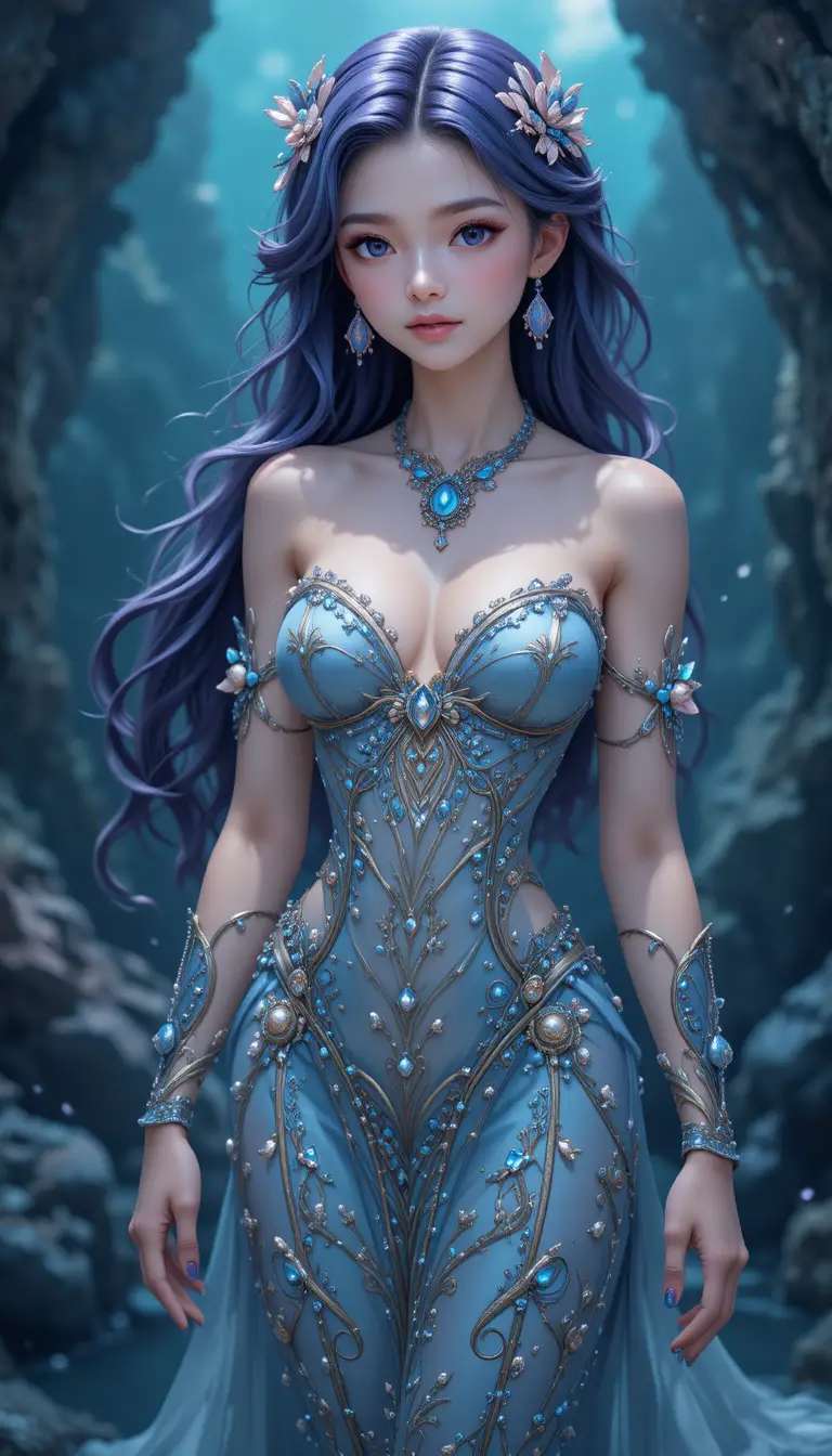 Elegant purple haired mermaid nymph in anime fantasy style