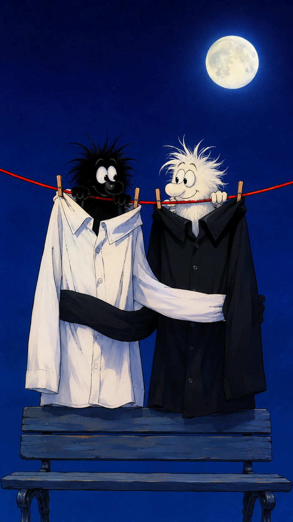 Playful moon creatures hugging as shirts on a laundry line