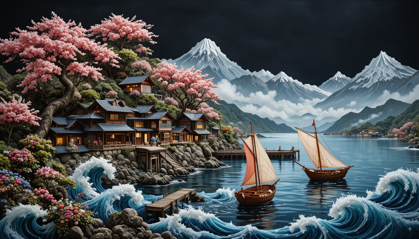 Embroidered Japanese Seaside Village With Boats And Blossoms