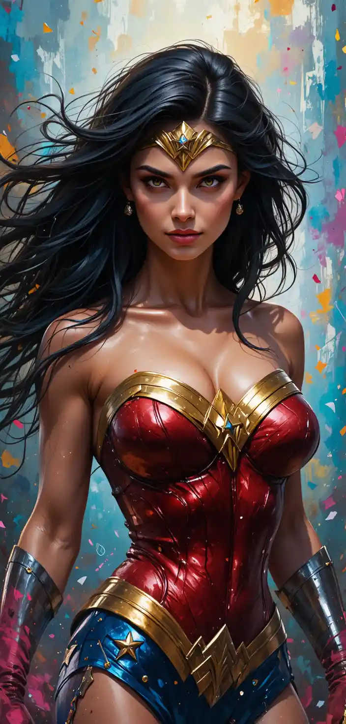 Fierce warrior woman in blue and red digital painting