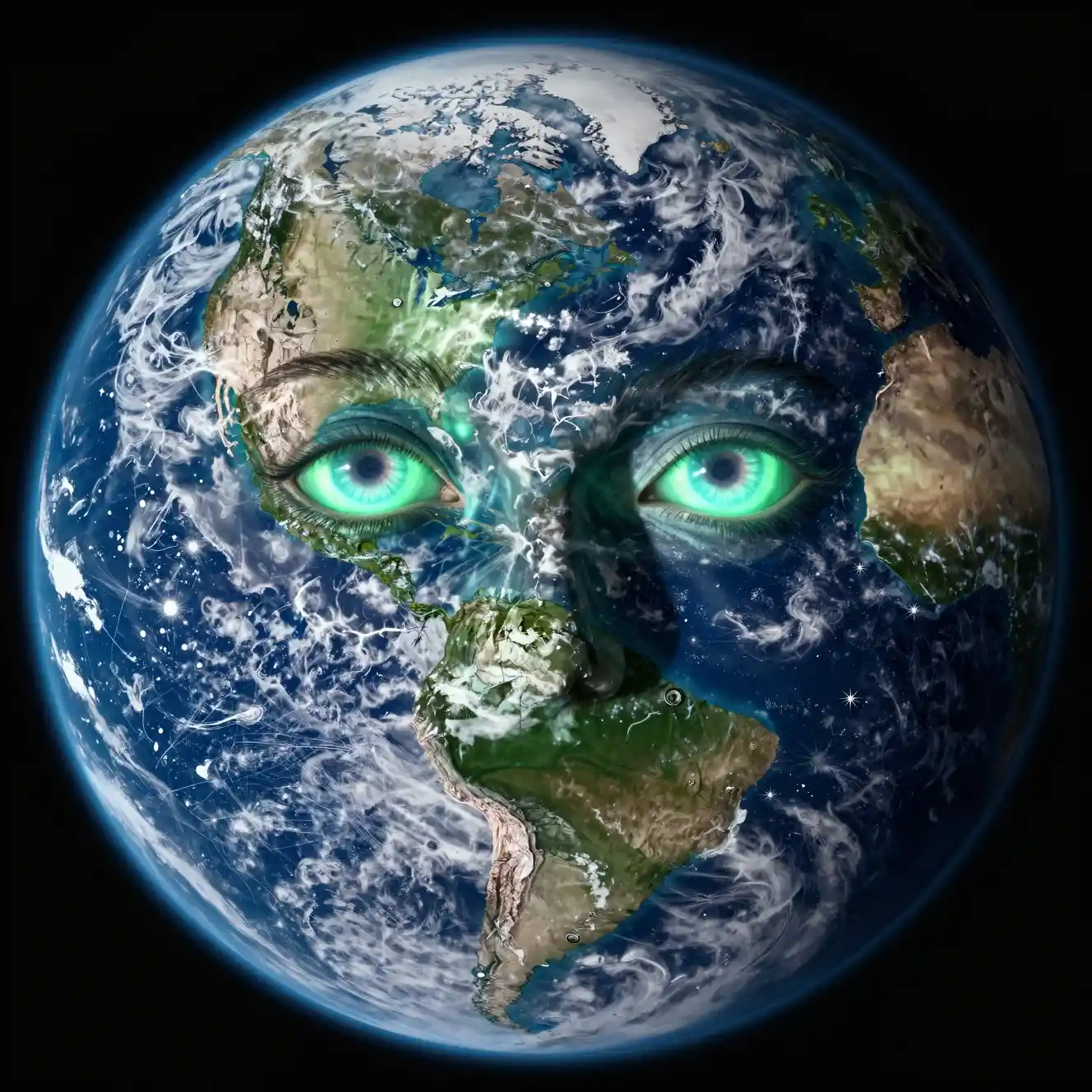 Earth from orbit forming a haunting humanlike face