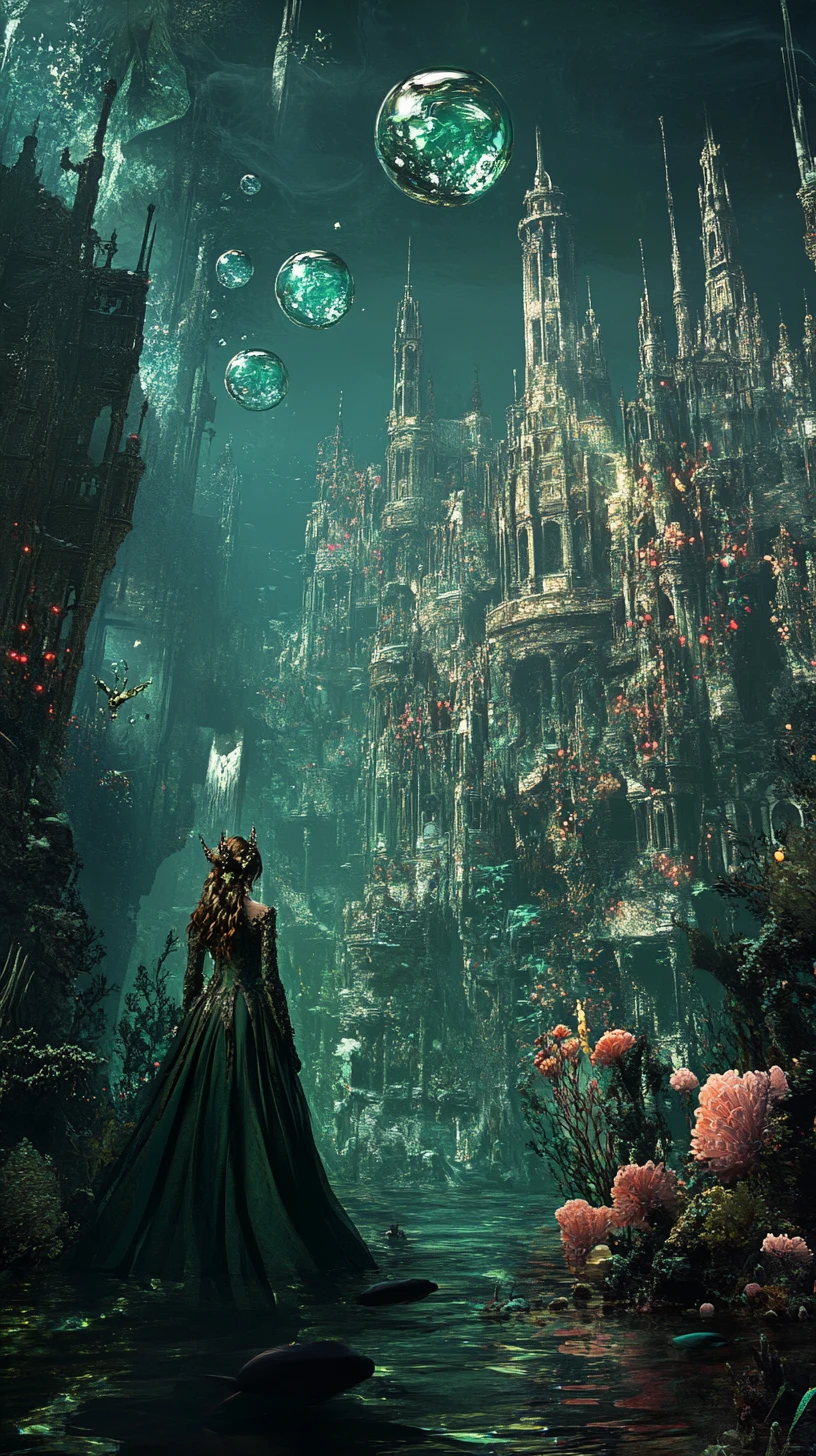 Underwater queen amid ancient ruins and glowing coral