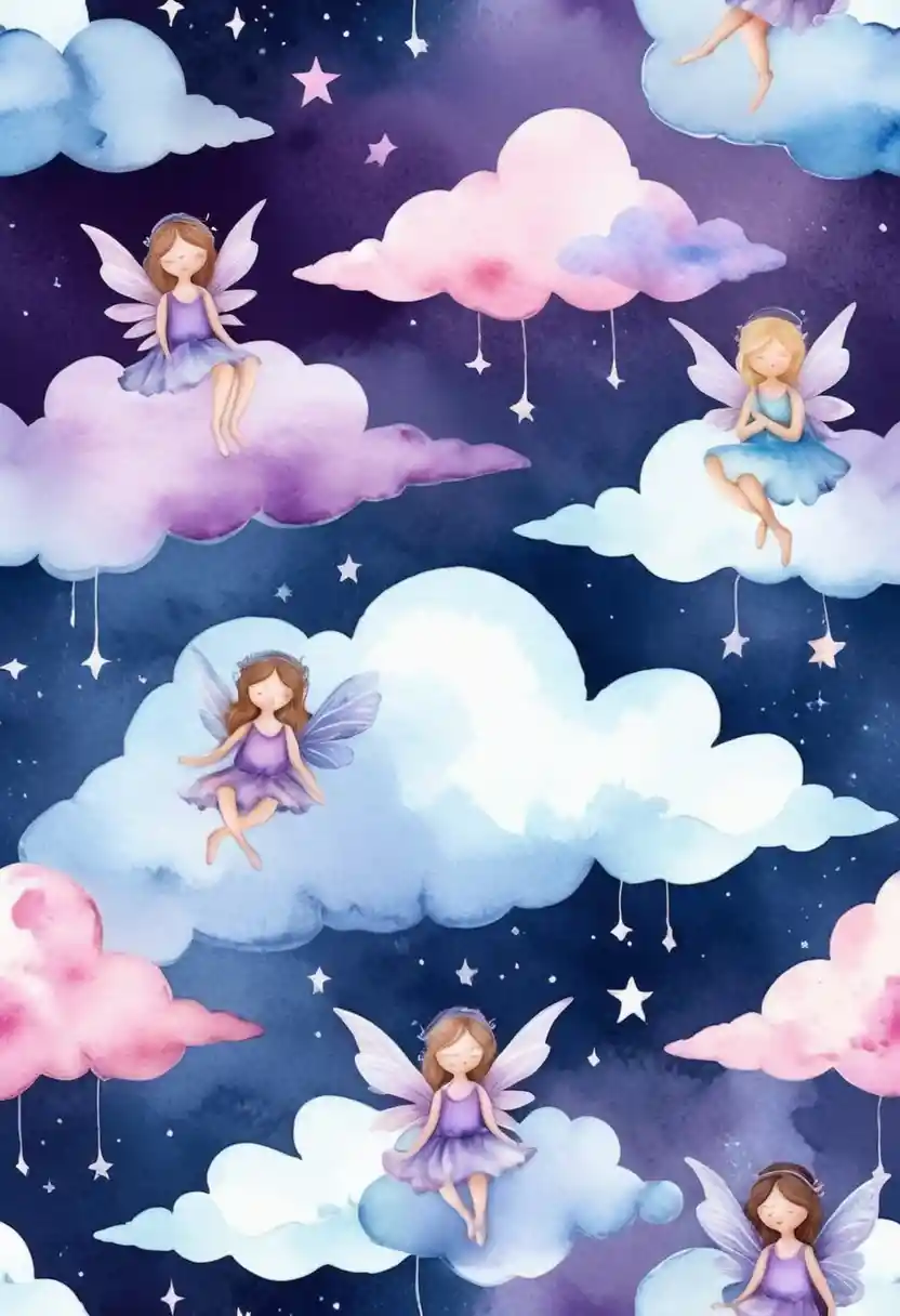 Sleeping fairies resting on glowing clouds among stars