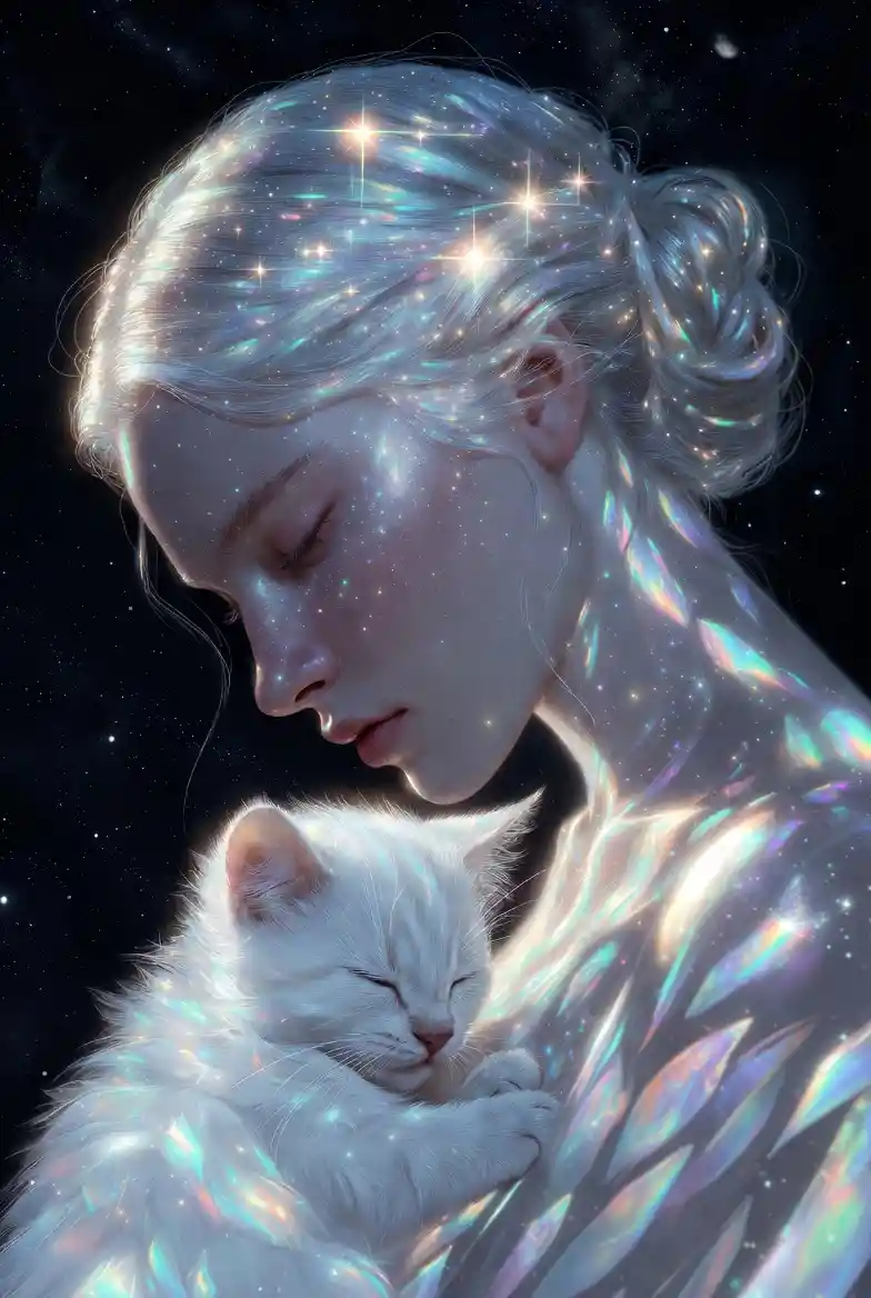 Celestial girl with silver skin cradling a sleeping kitten