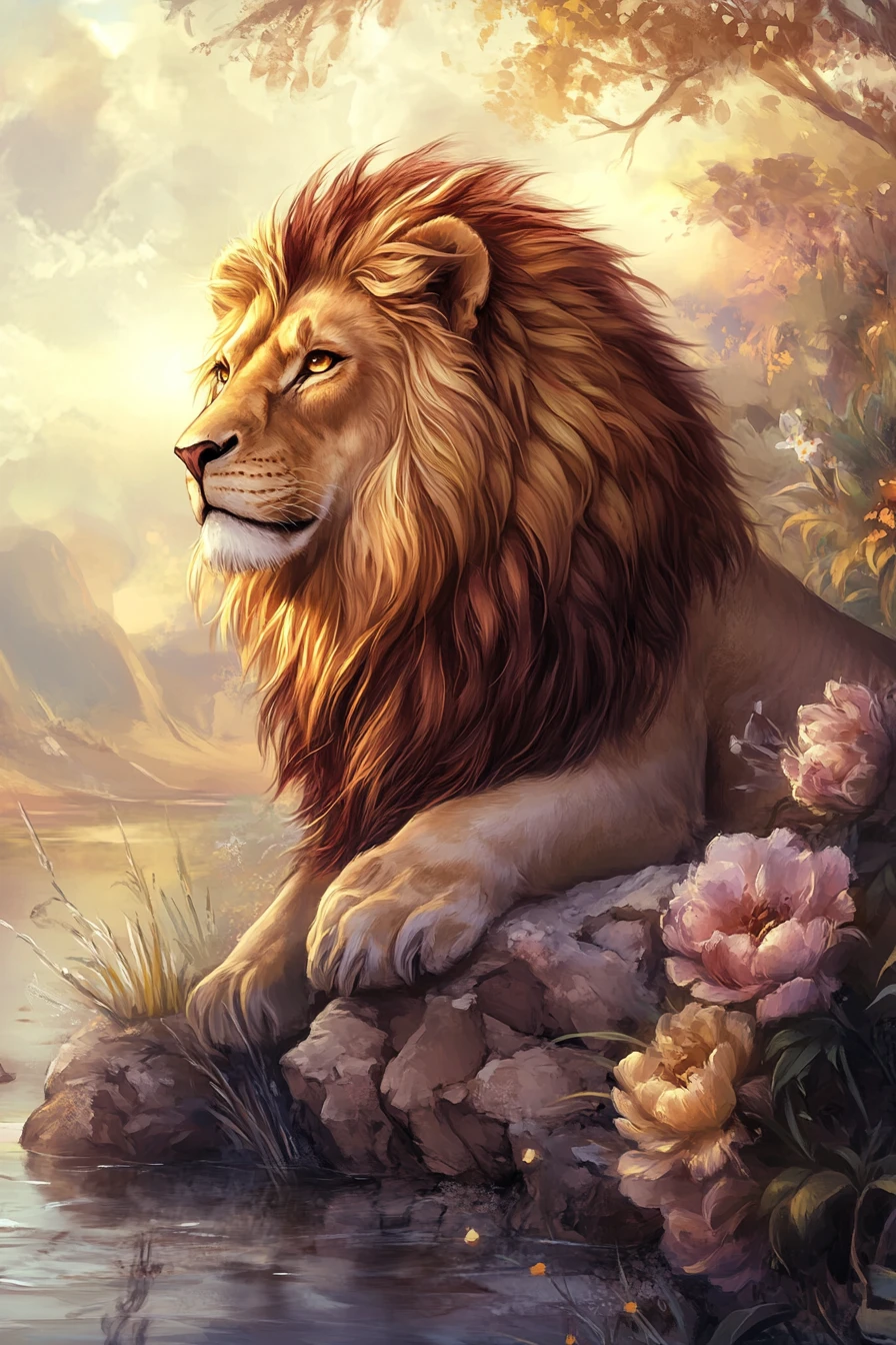Majestic lion beside water in a dreamy floral landscape