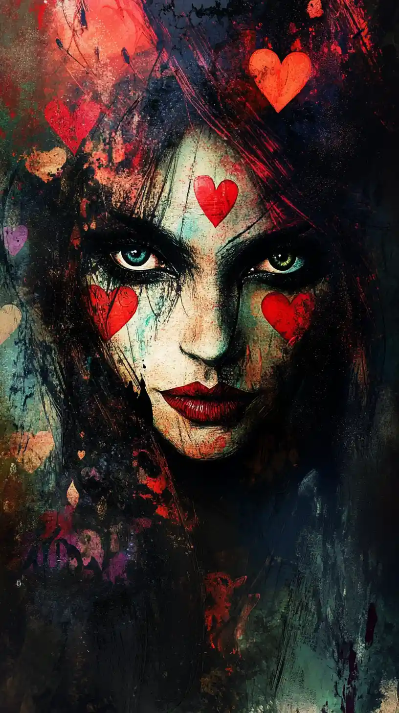 Surreal portrait of the queen of hearts in abstract ink