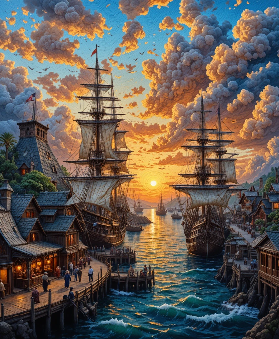 Embroidered pirate harbor with grand sailing ships at sunset