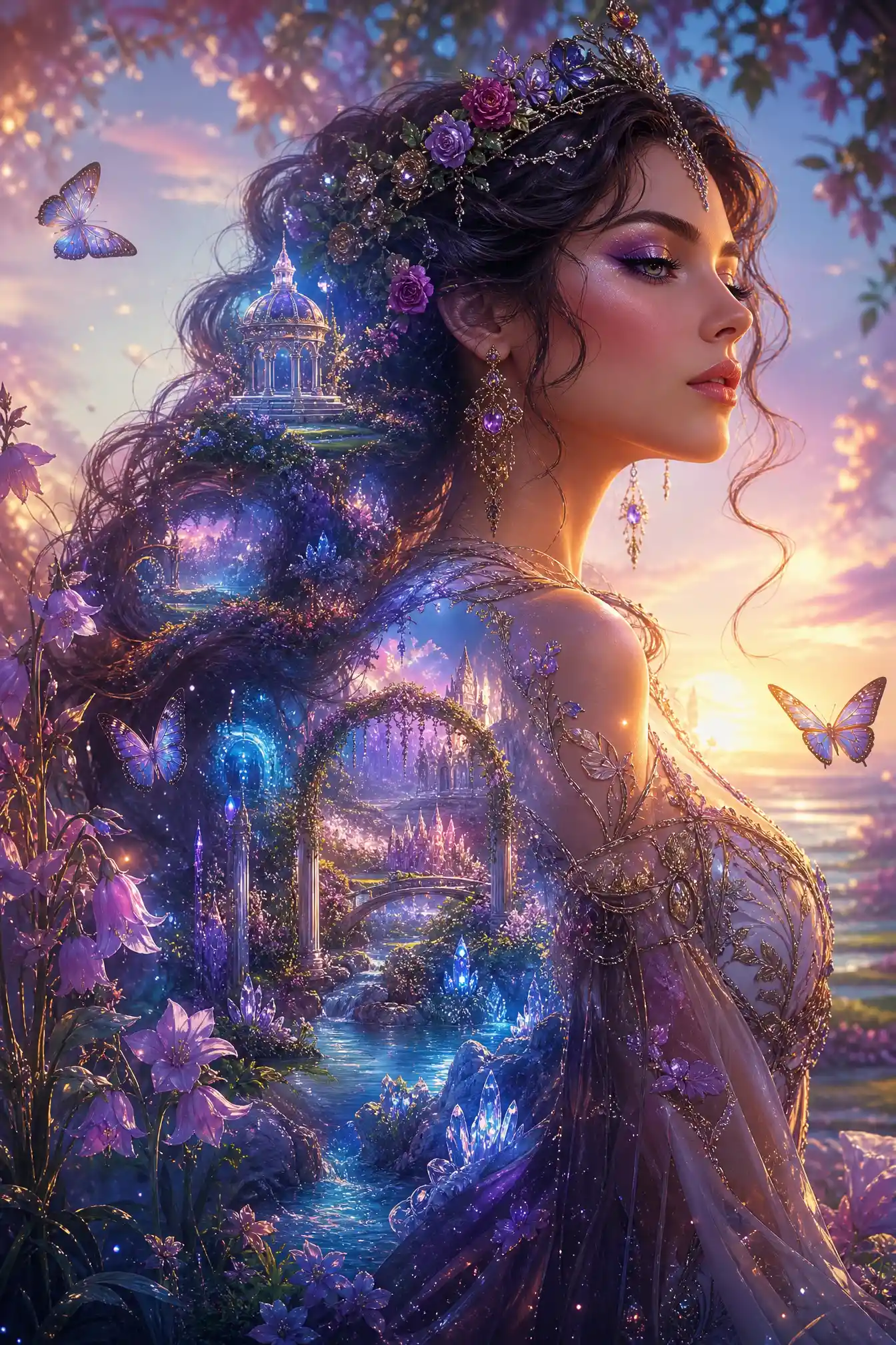Glamorous brunette in jeweled crown with enchanted inner world