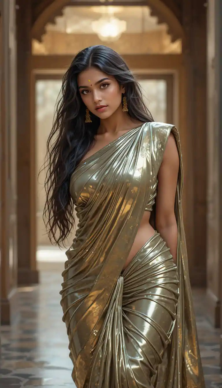 Tamil woman in glossy saree with exposed navel pose