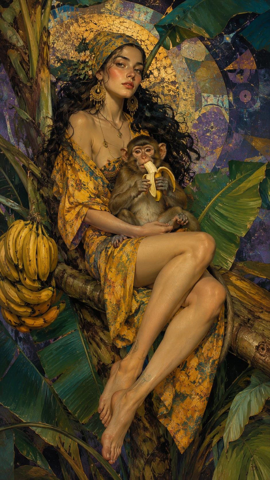 Woman with monkey on her lap sitting among bright bananas