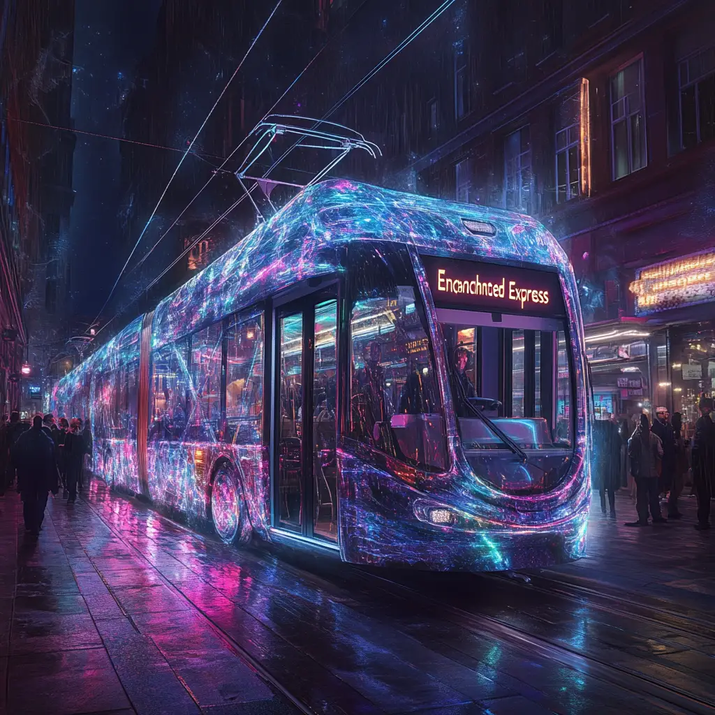 Leuchtende Straßenbahn in einer dunklen, leeren Stadtstraße