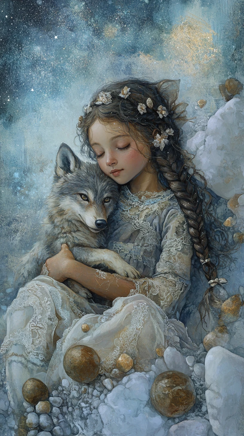 Child With Baby Wolf Under Dreamy Celestial Sky