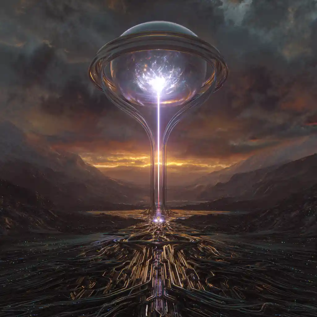 Futuristic altar on an alien world under binary stars