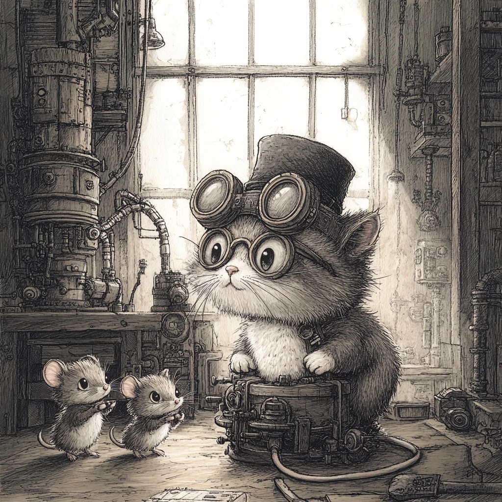 Whimsical Kitten In Goggles Exploring An Arcane Workshop