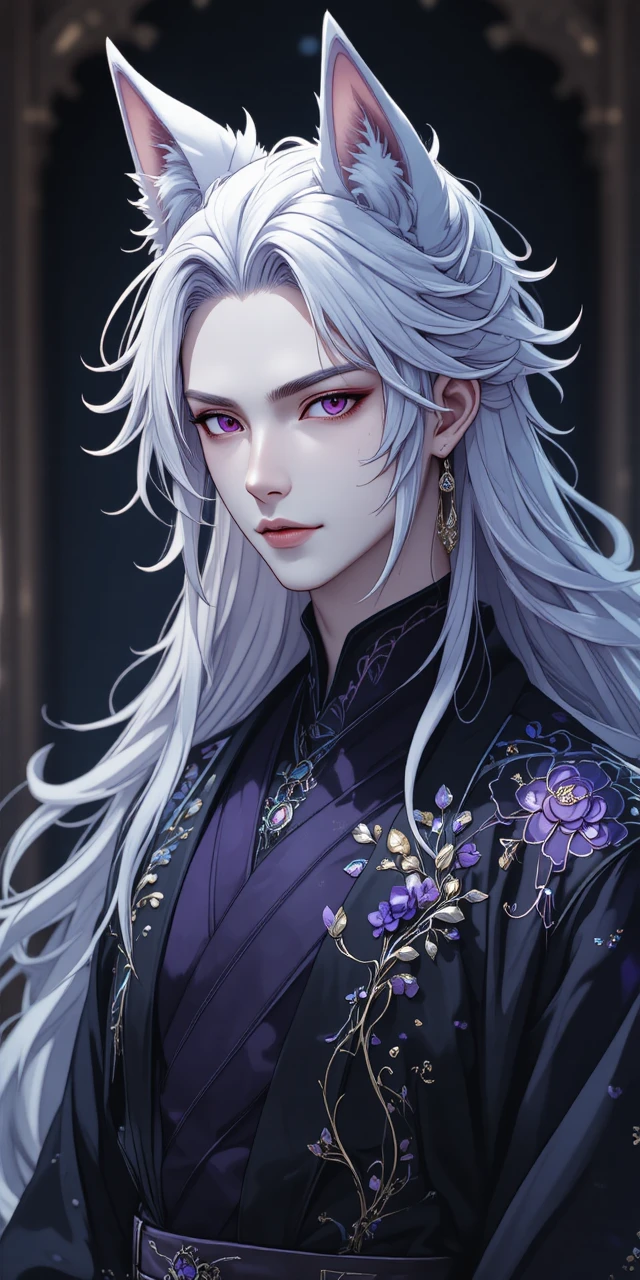 Elegant anime kitsune man in dark modern kimono