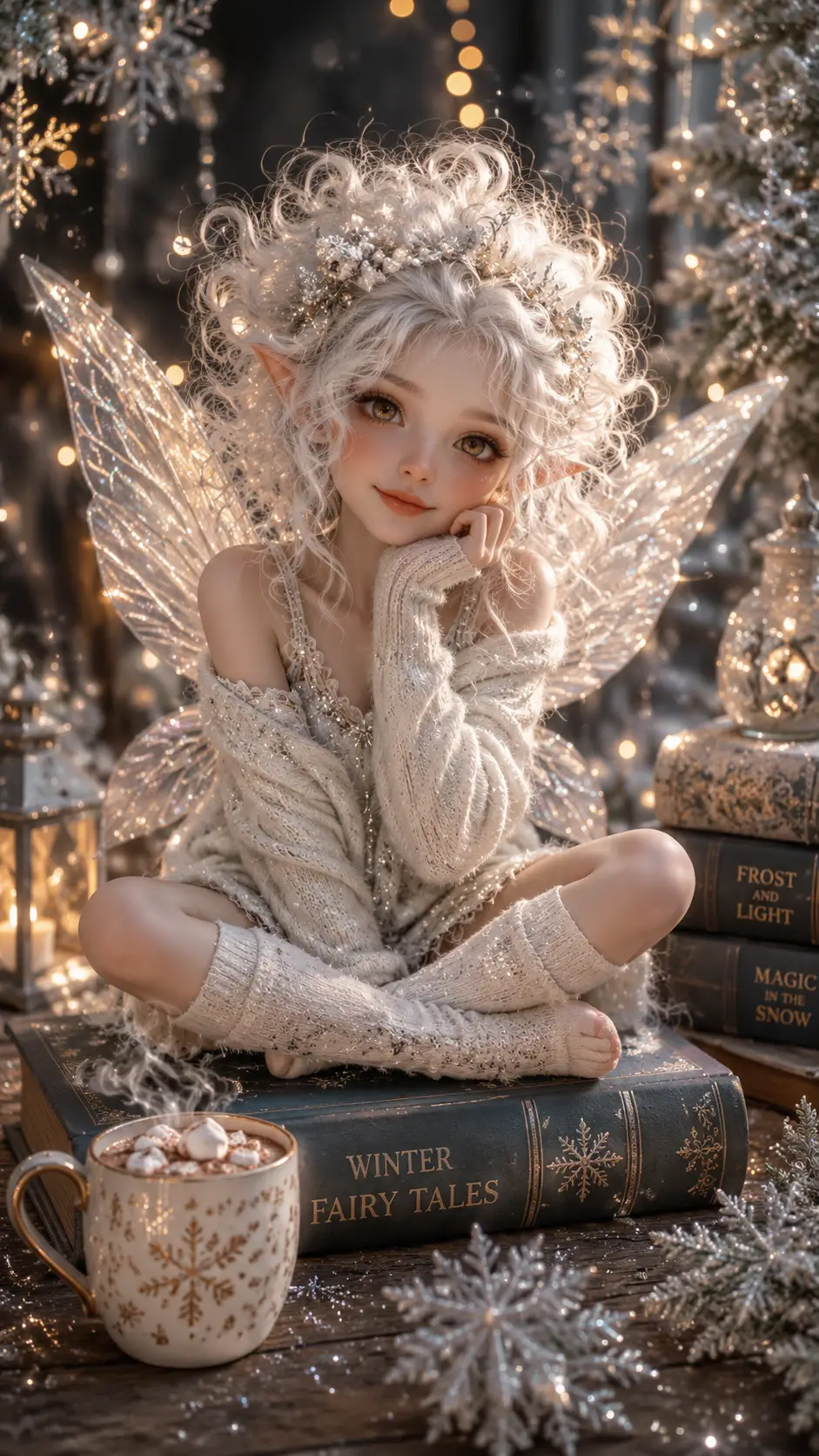 Adorable fée d’hiver assise sur un livre avec des guirlandes lumineuses