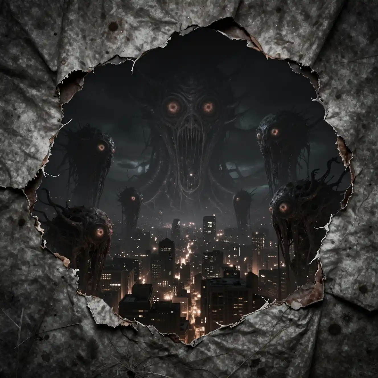 Night sky torn open revealing colossal cosmic entities