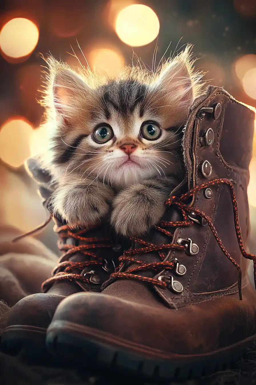 Fluffy cartoon kitten peeking from rustic leather boots