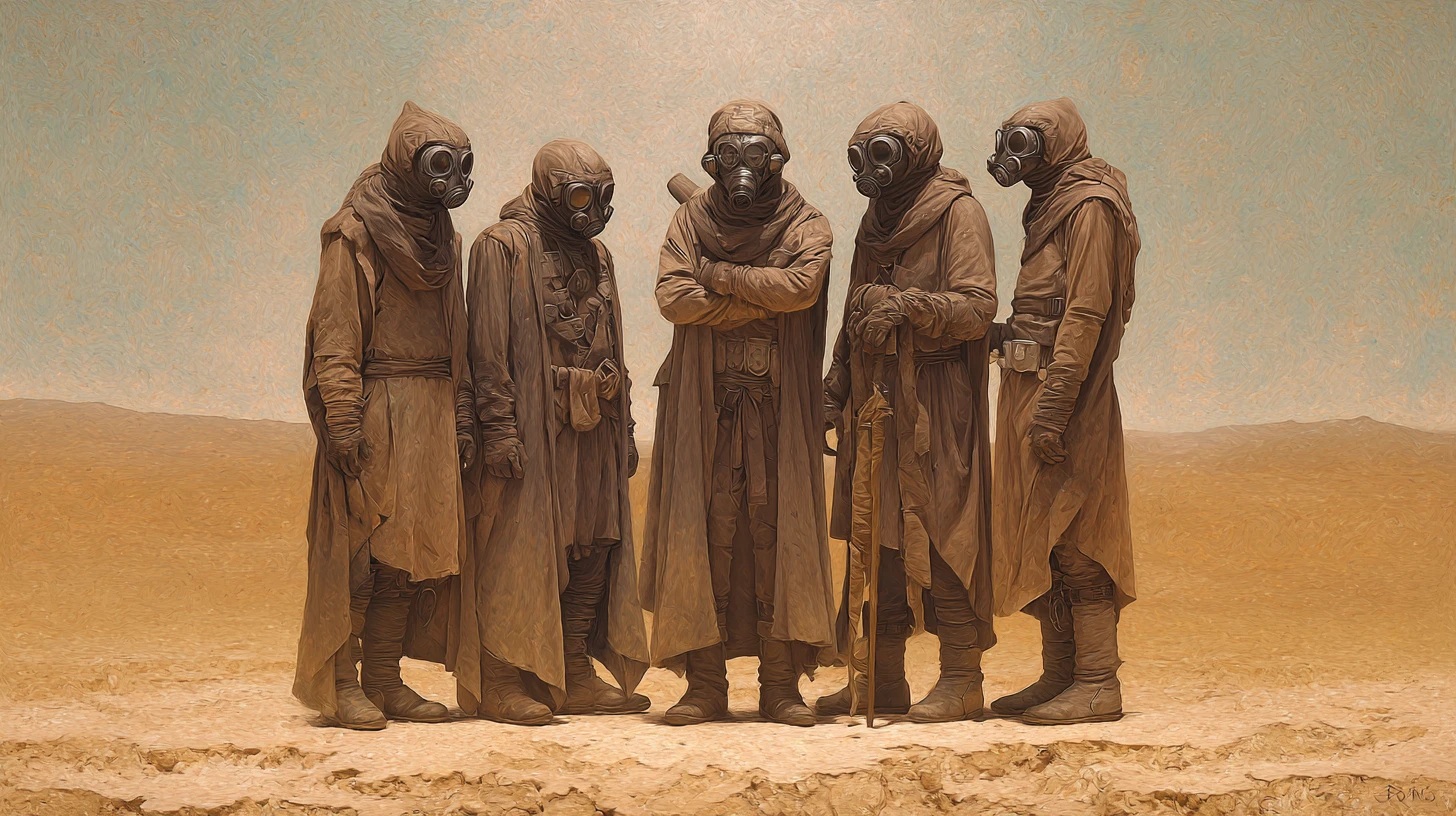 Desert monks in protective suits crossing a harsh wasteland