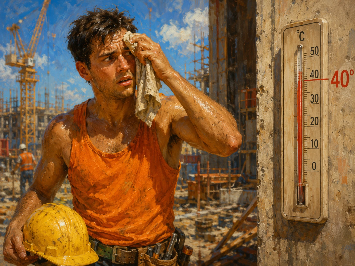 Exhausted Construction Worker Wiping Sweat On Hot Building Site