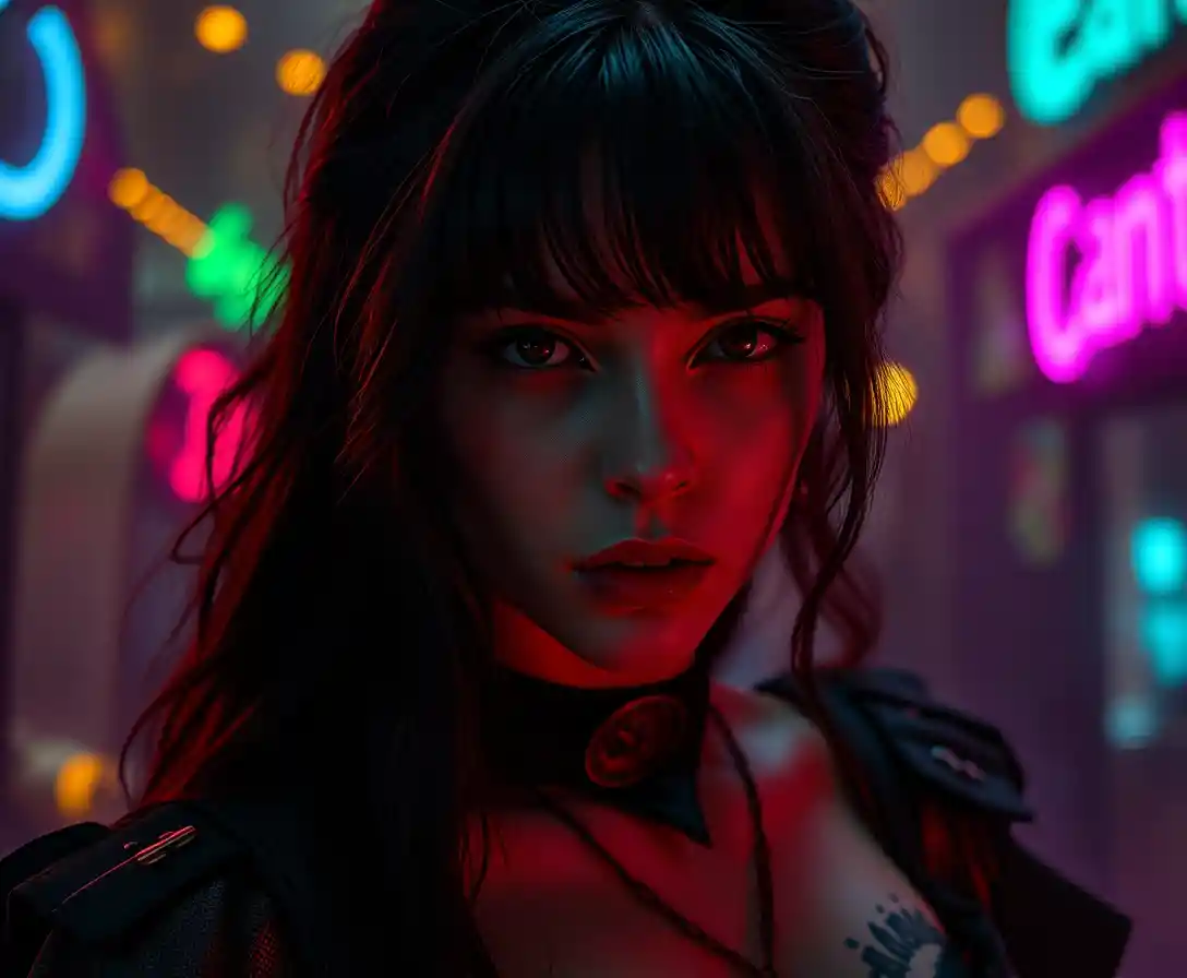 Seductive surreal woman in a dark neon dreamscape
