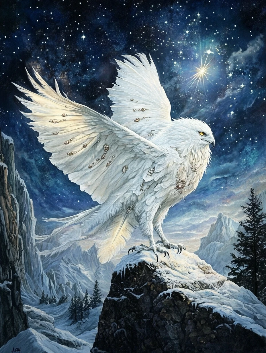 Celestial mythical guardian on floating ancient ruins