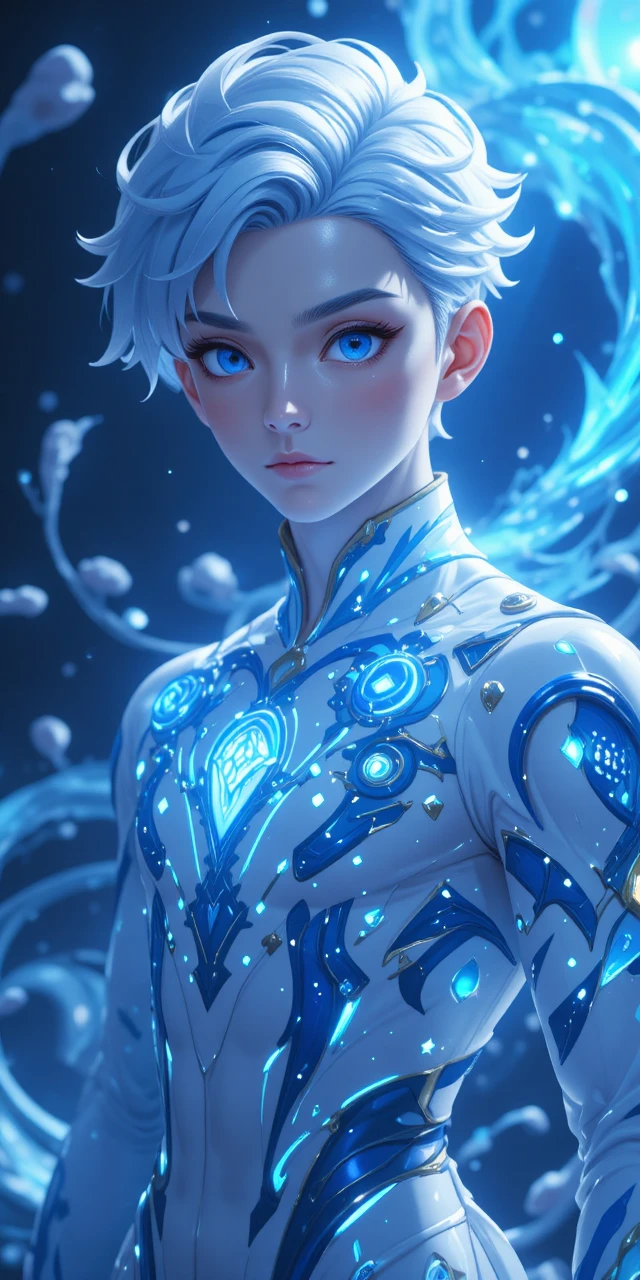 Anime eliatrope man with glowing portals and markings