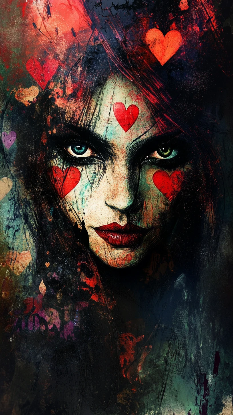 Surreal portrait of the queen of hearts in abstract ink