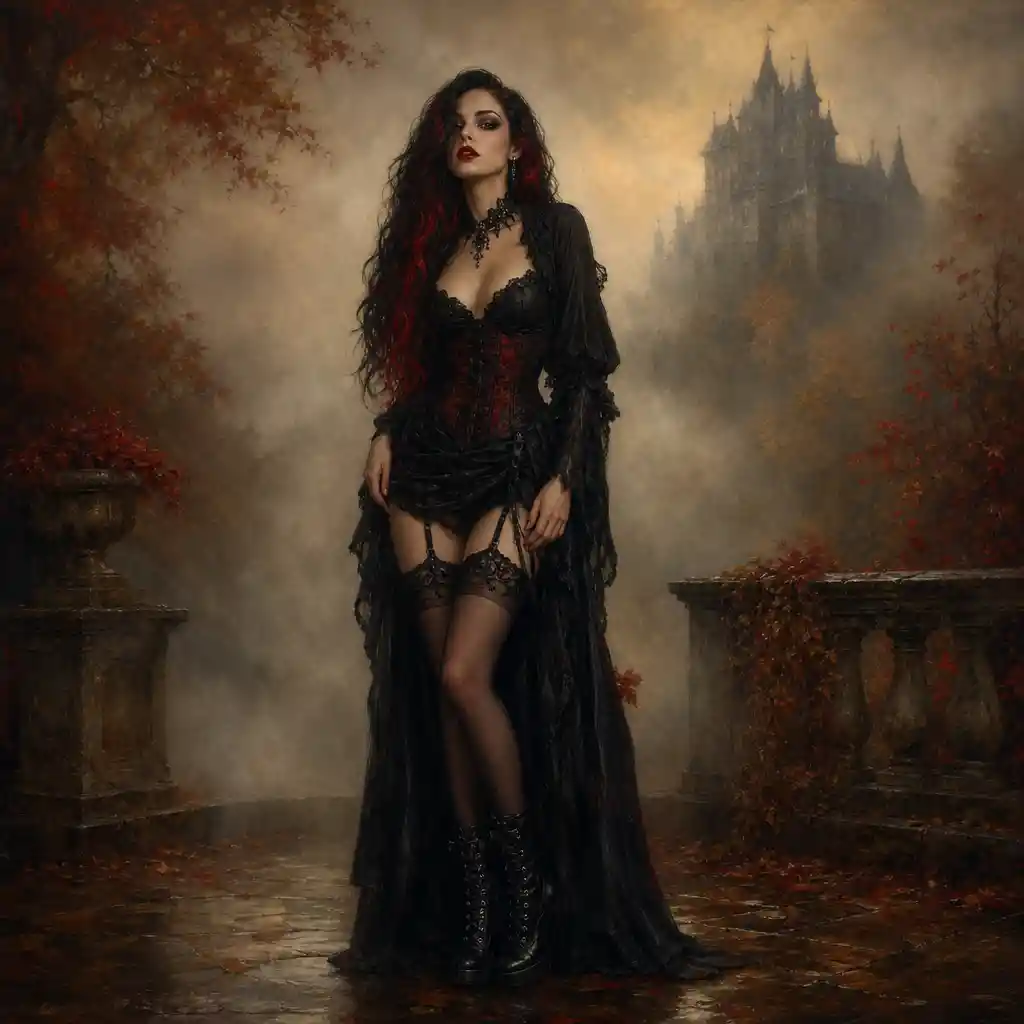 Gothic woman in foggy warm toned oil painting portrait