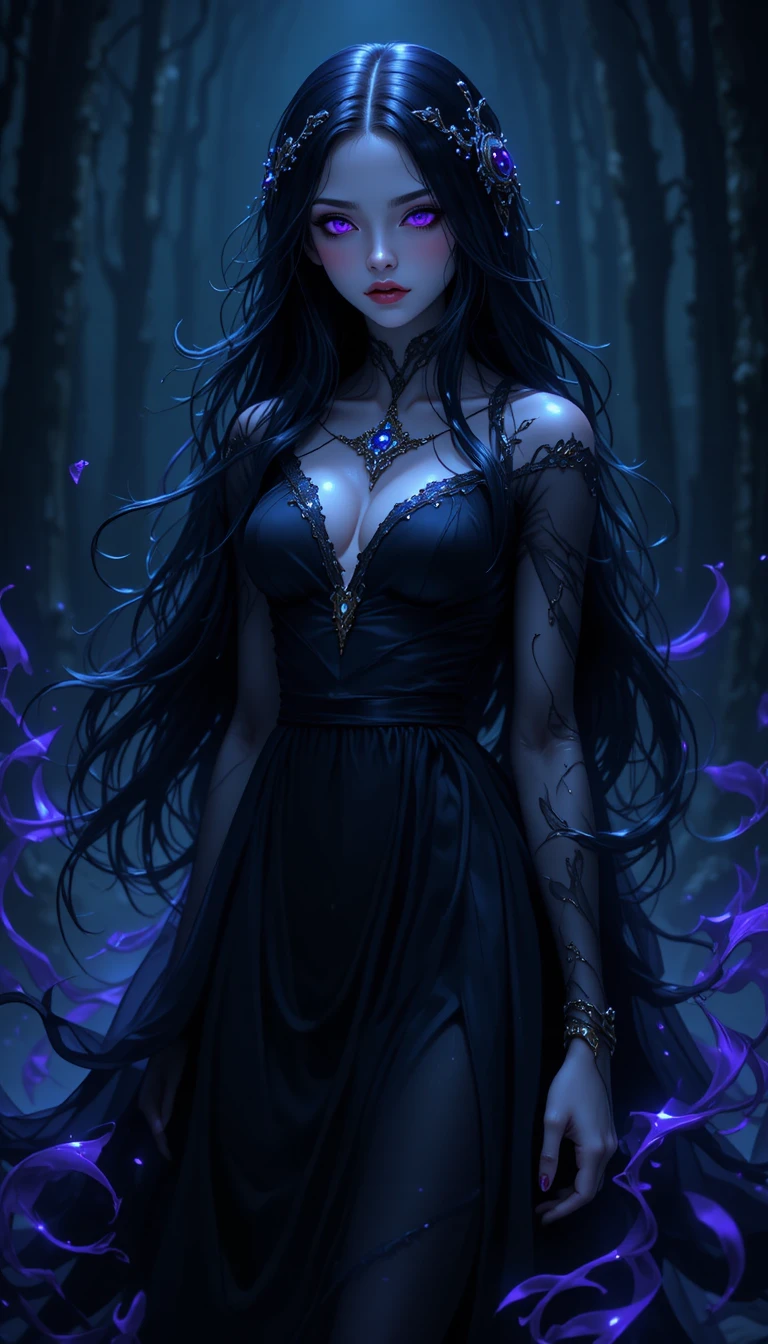 Ethereal anime ghost girl with dark flowing dress
