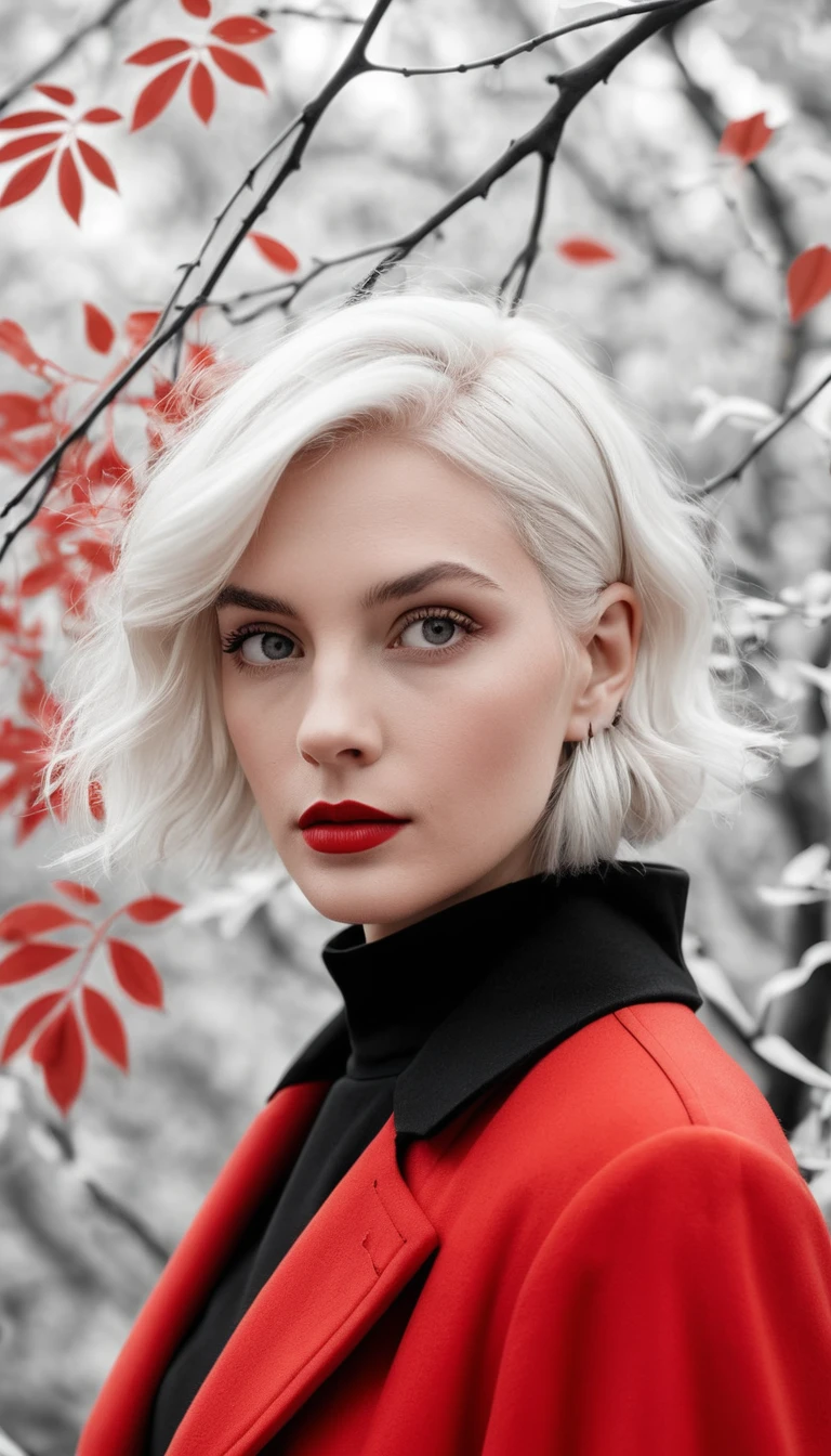 Stylish woman in red coat behind delicate white foliage