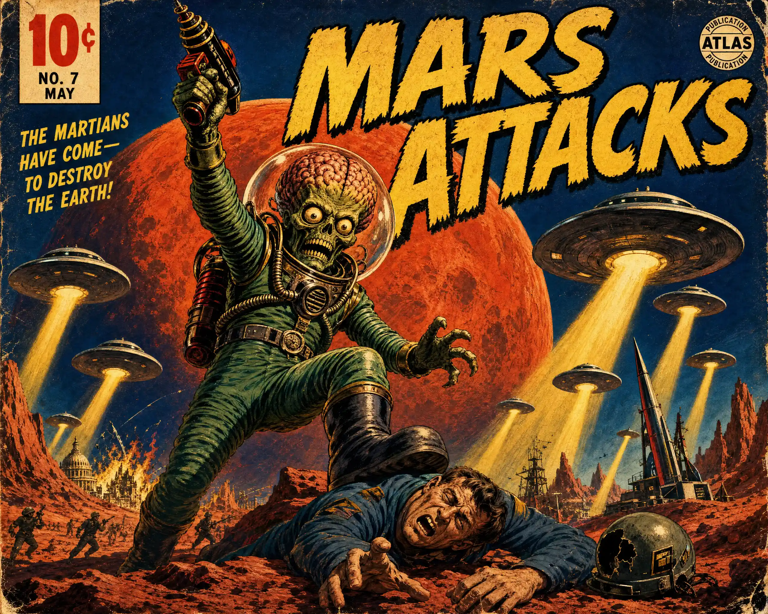 Grotesque alien attacker on retro pulp Mars comic cover