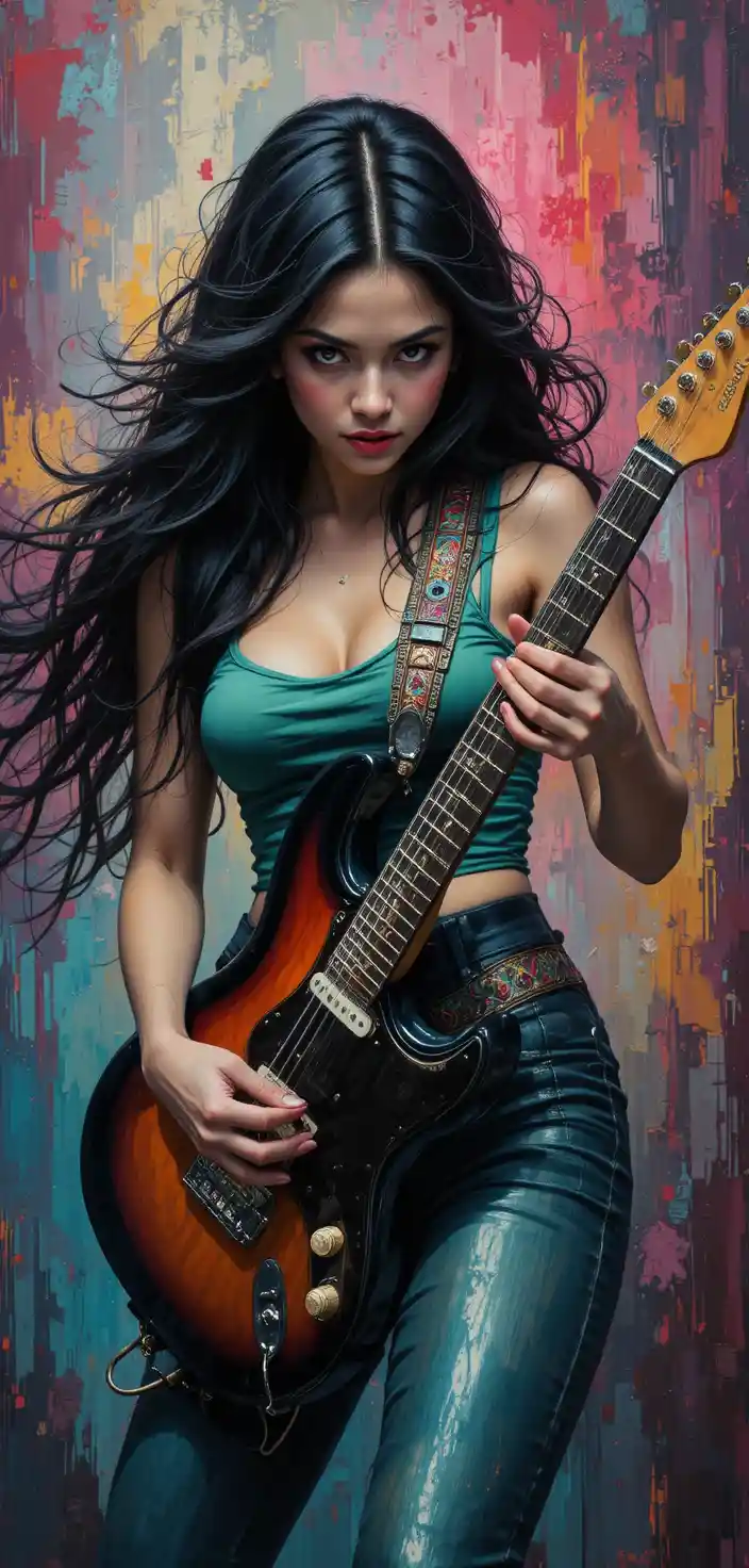 Woman rocking an electric guitar in vivid digital art