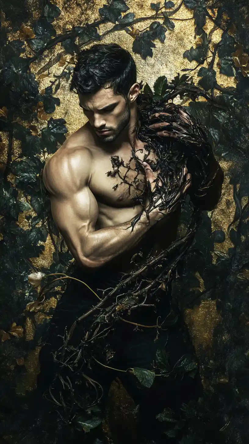 Human figure with beastly shadow in dark floral scene