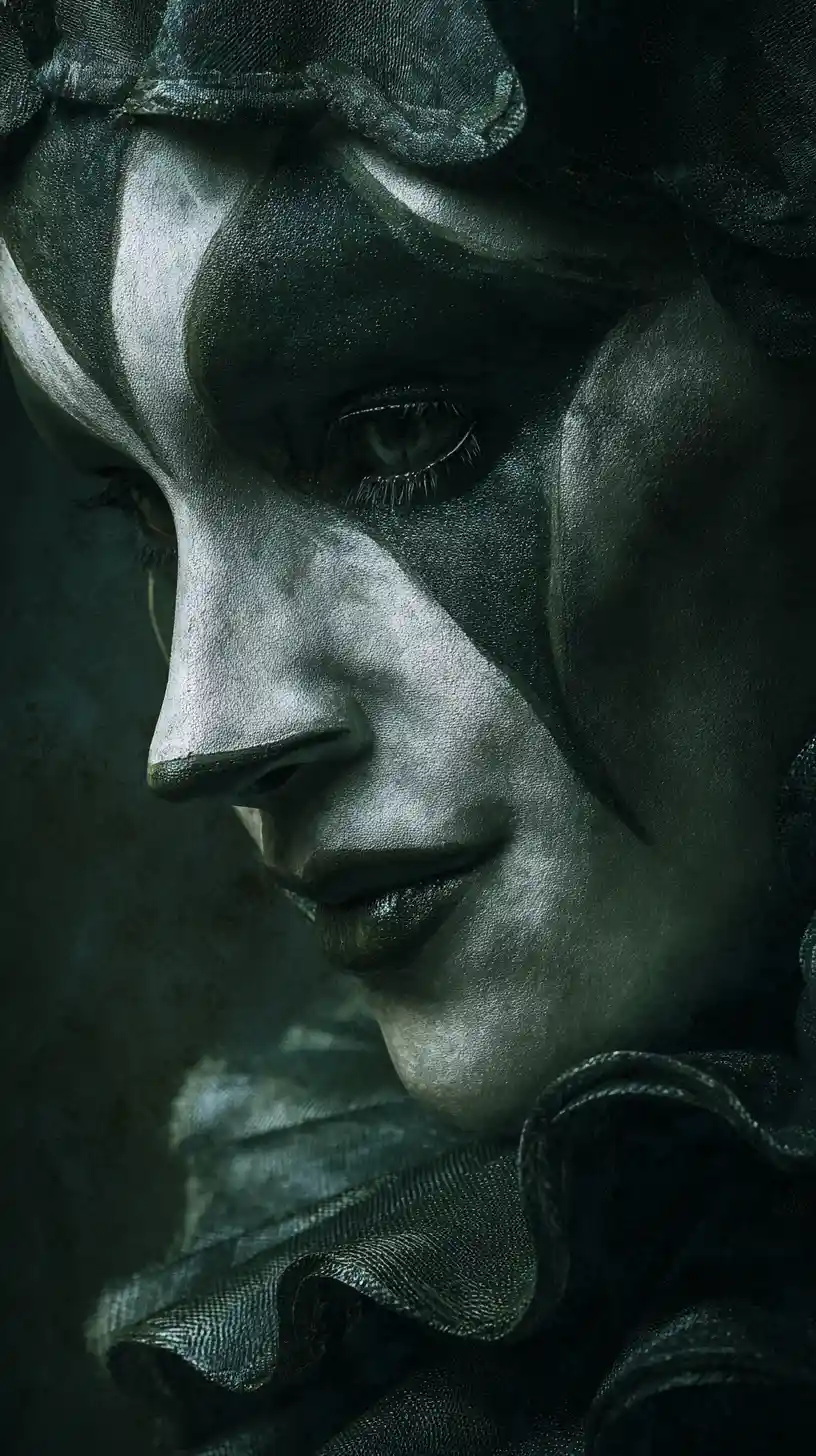Dark fantasy portrait of a masked harlequin woman
