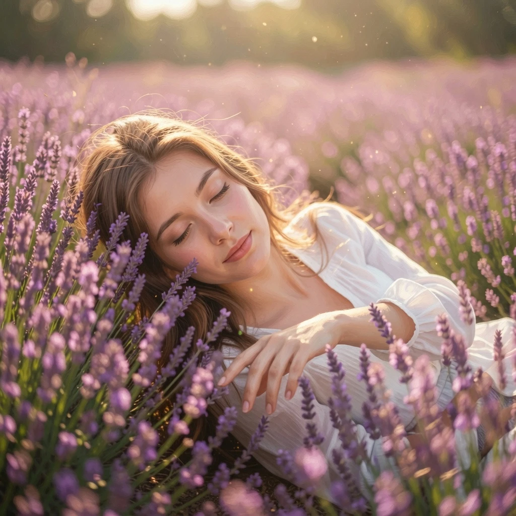 Young woman resting in a lavender field at sunset