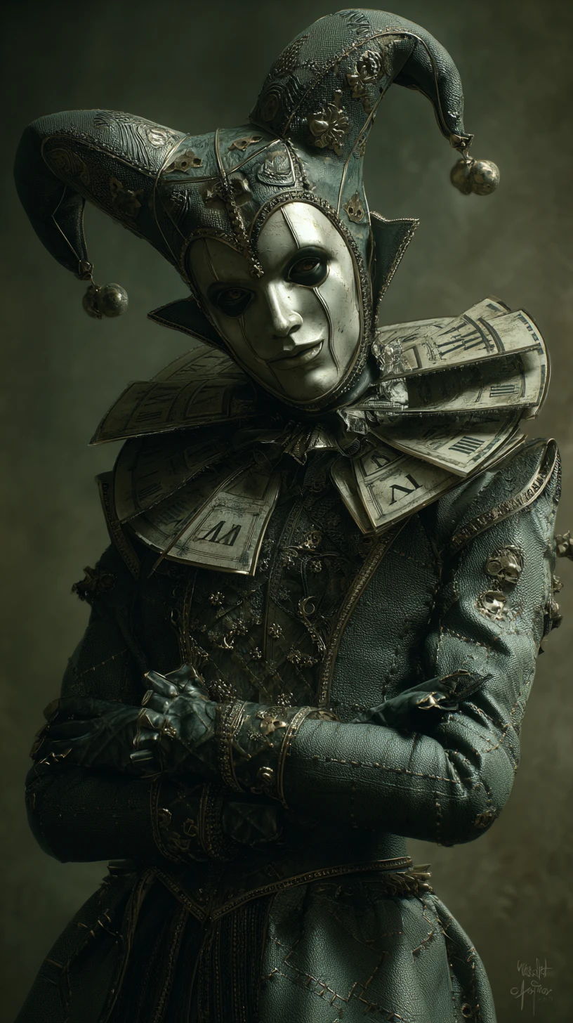 Harlequin Portrait With Mechanical Gears And Surreal Time Fragments