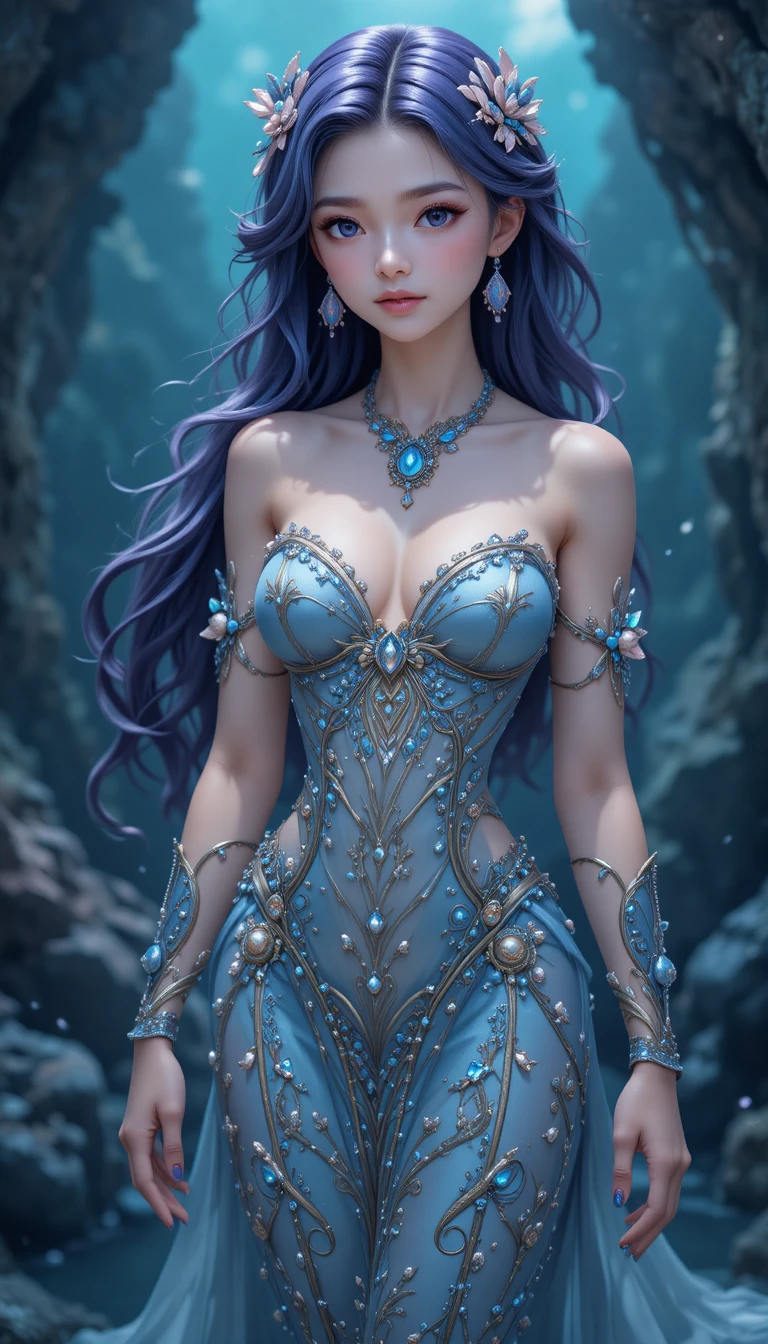 Elegant purple haired mermaid nymph in anime fantasy style