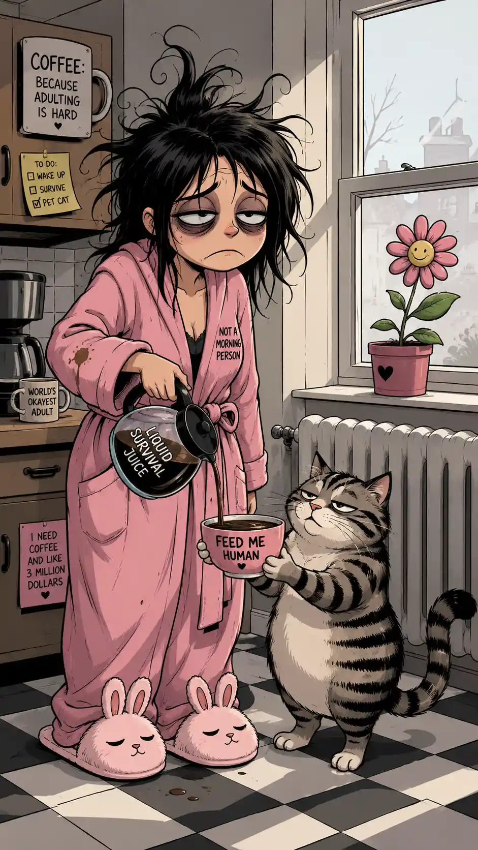 Sleepy woman pouring morning coffee in a cartoon kitchen