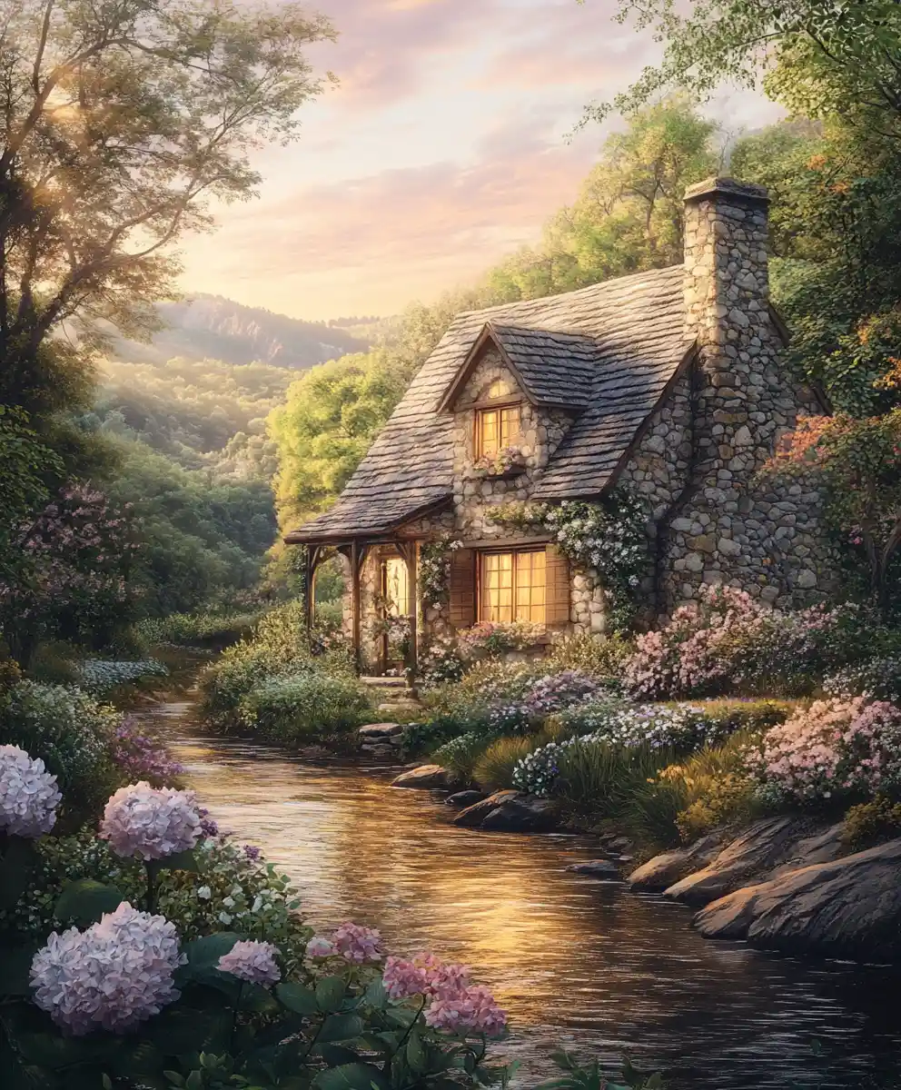 Rustic stone cottage by a river at golden sunset