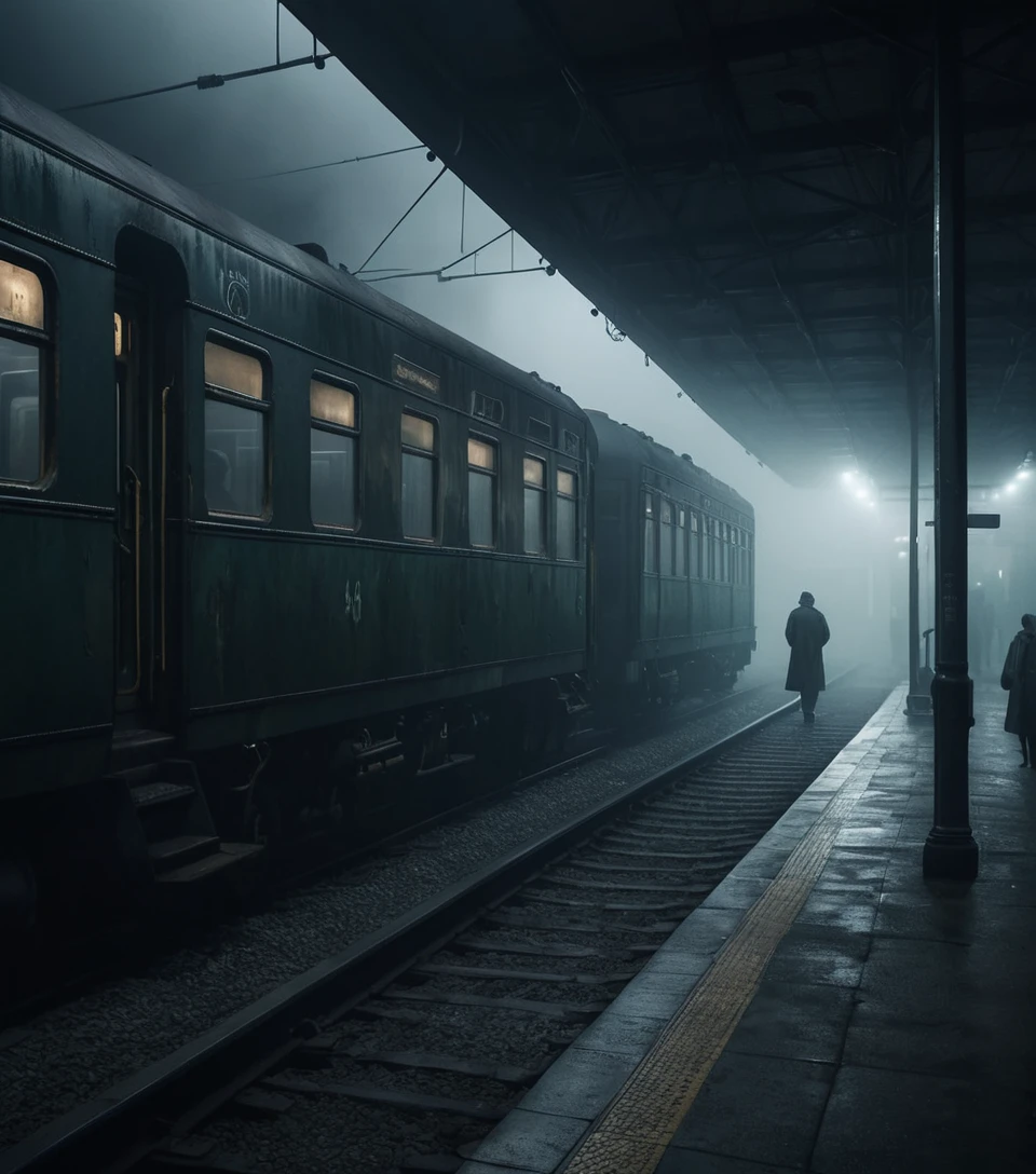 Abandoned midnight train at an empty foggy station