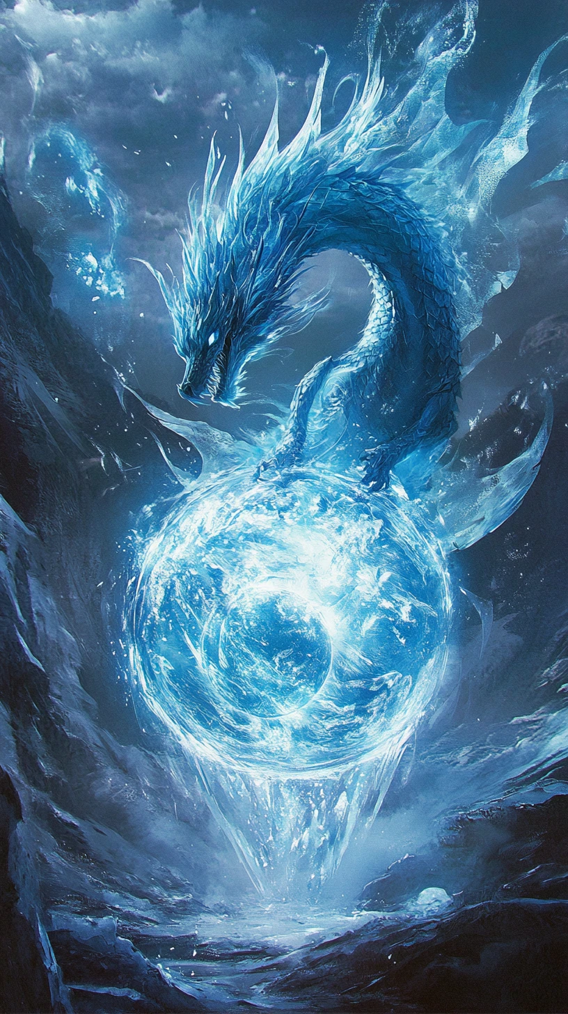 Ethereal dragon rising from a glowing crystal sphere
