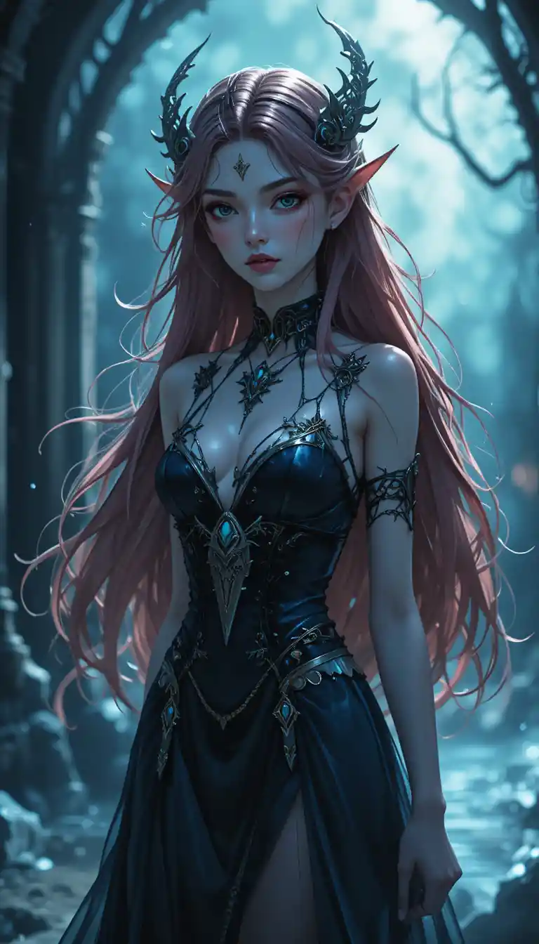 Young ghostly witch girl in a dark anime fantasy world