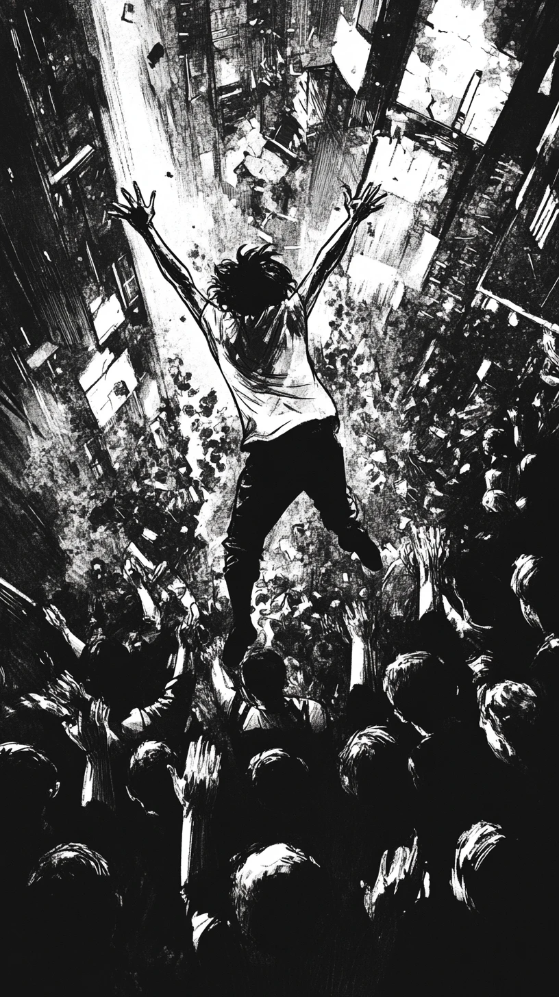 Stage dive into a crowd merging with a sprawling city