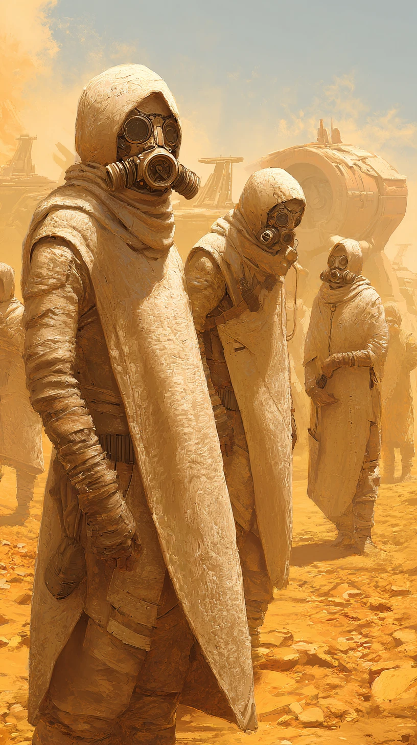 Desert monks in protective suits crossing a harsh sandy landscape
