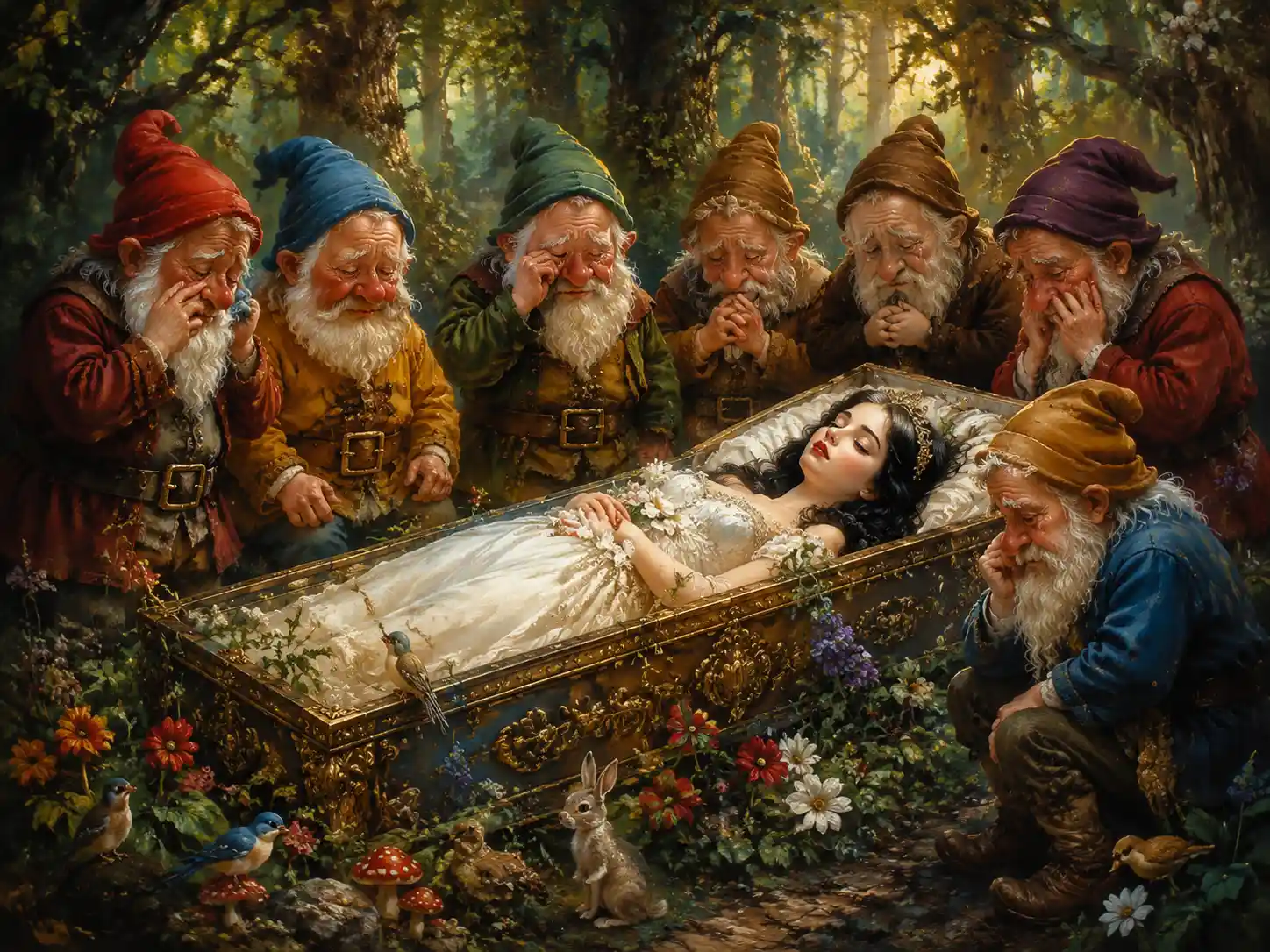 Princess Lying In A Coffin Surrounded By Dwarves In Forest