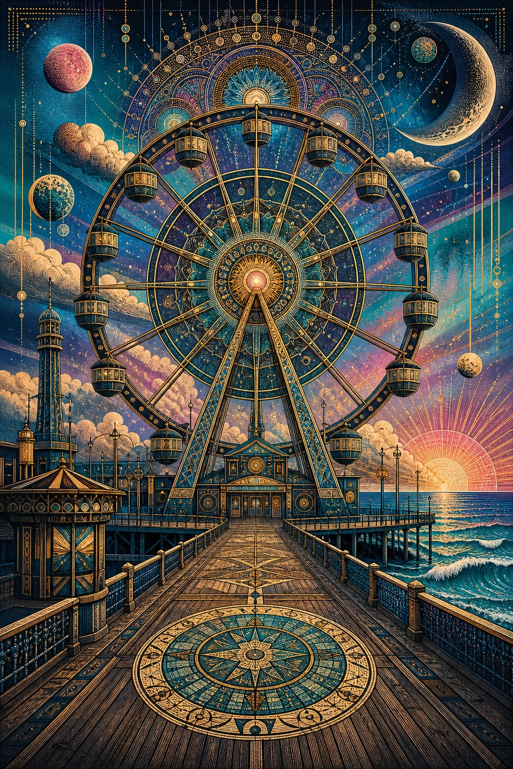 Mandala surreal de roda-gigante no calçadão à beira-mar